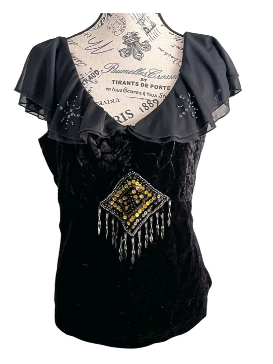 Jessica Tops - Y2K black velvet beaded fringe top mesh collar whimsigoth fairy goth dark boho